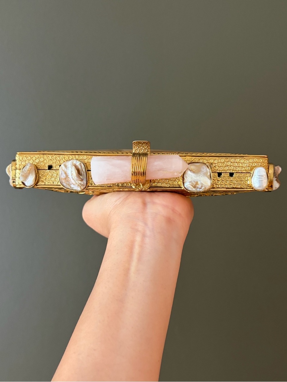 Gold and Shell Rectangular Evening Clutch with Rose Quartz Accent - Picture 5 of 7